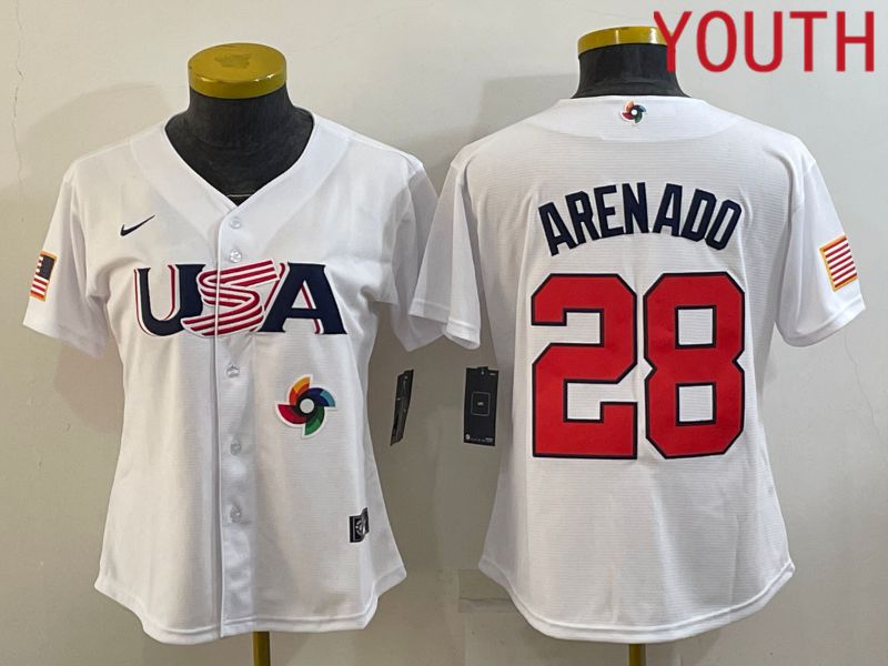 Youth 2023 World Cub USA #28 Arenado White MLB Jersey7->youth mlb jersey->Youth Jersey